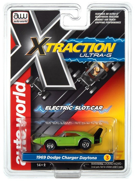 Auto World X-Traction 1969 Dodge Charger Daytona green HO slot car in package