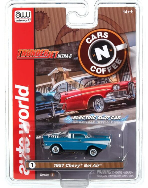 Auto World ThunderJet 1957 Chevy Bel Air blue HO slot car in package