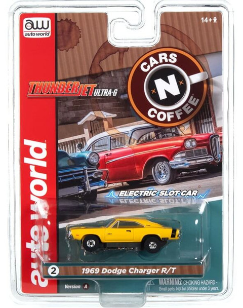 Auto World ThunderJet 1969 Dodge Charger R/T yellow HO slot car in package