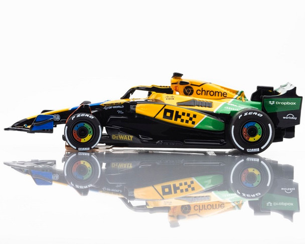 AFX Mega-G+ McLaren F1 MCL38 Senna Monaco 2024 HO slot car side view AFX Mega-G+ McLaren F1 MCL38 Senna Monaco 2024 HO slot car side view