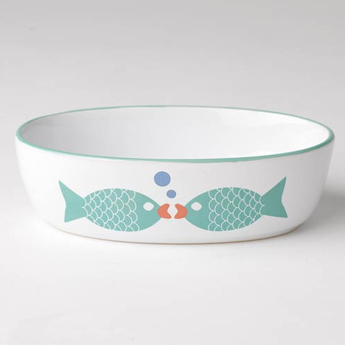 PetRageous Designs Bubble Fish Cat Oval Bowl, White & Turquoise Shimmer