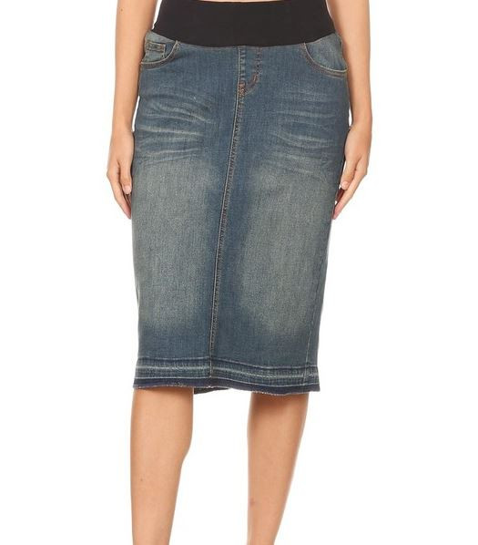 medium length denim skirts