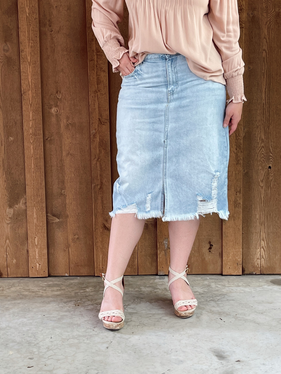 Sirens Distressed Denim Midi Skirt | Kingsway Mall