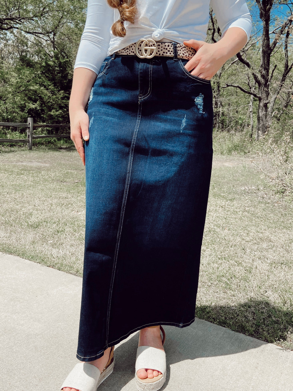Zoey Distressed Maxi Denim Skirt *Dark 