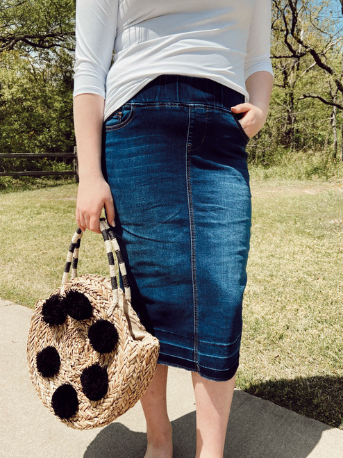 Maddison Elastic Waist Denim Skirt  *Dark Wash*