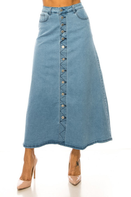 Kelly Button Front Denim Maxi Length Skirt Light Wash *FINAL SALE*