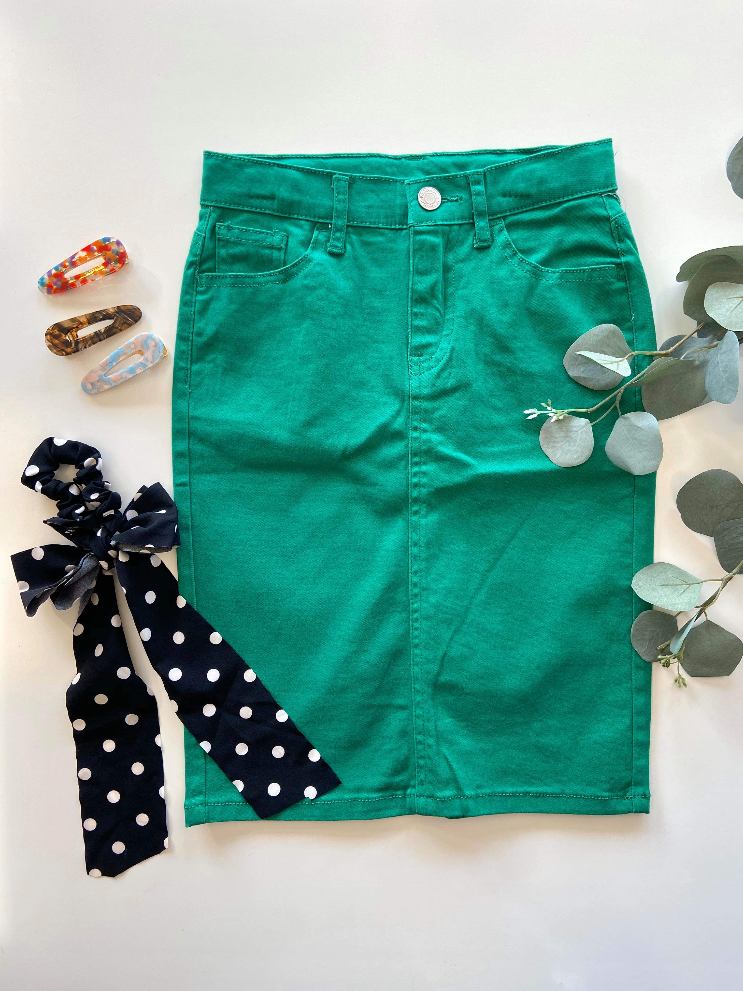 green denim skirt