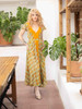 VENUS MAXI Stunning V-Neck Bohemian Printed Silk Dress in Checkered Tangerine