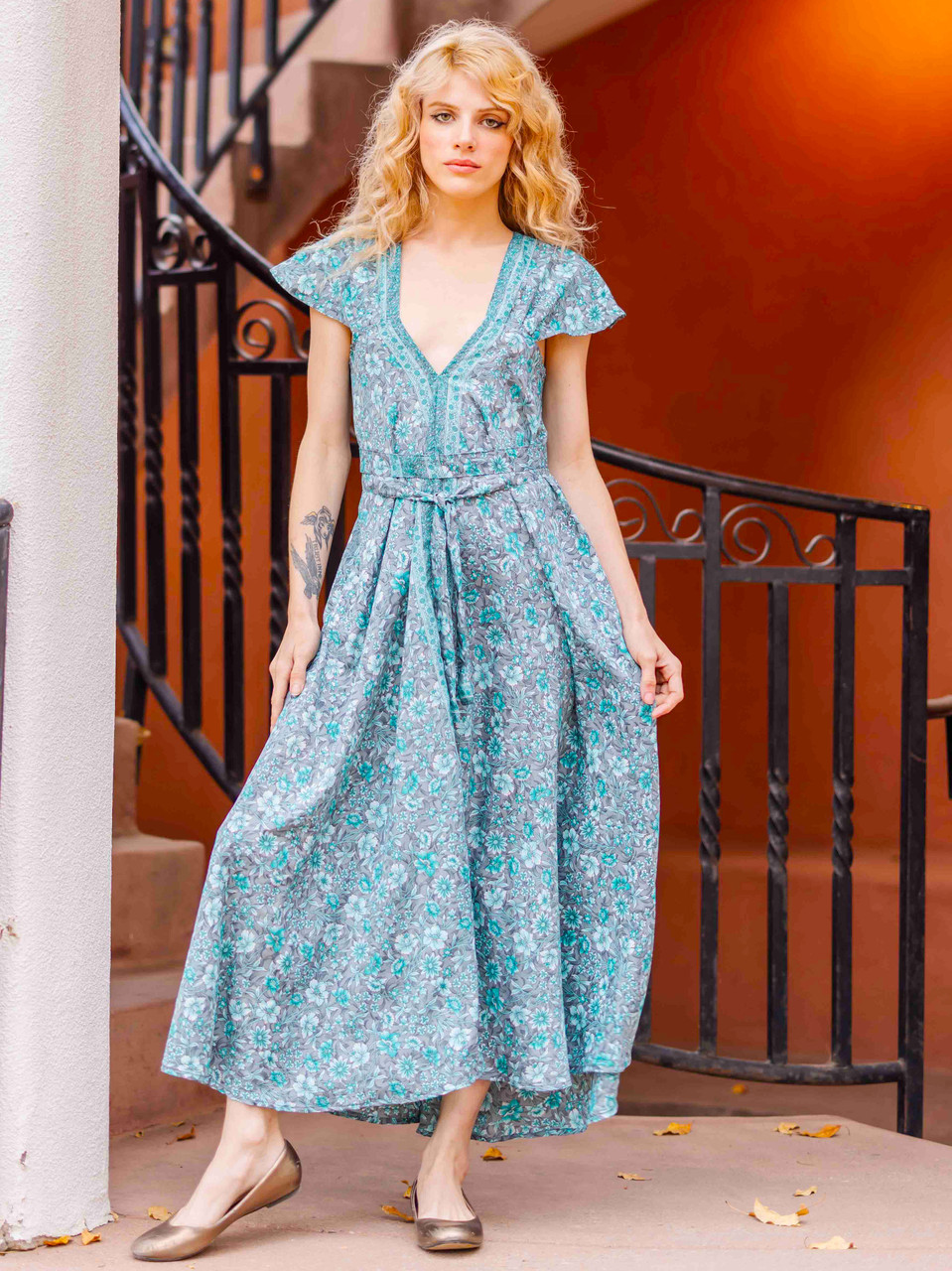 VENUS MAXI Stunning V-Neck Bohemian Printed Dress in Silver Teal