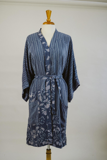 DOUBLE FLANNERY Black Silk lined Kimono Duster Boho Robe in Line Blue One Size DOUBLE FLANNERY Black Silk lined Kimono Duster Boho Robe in Line Blue One Size