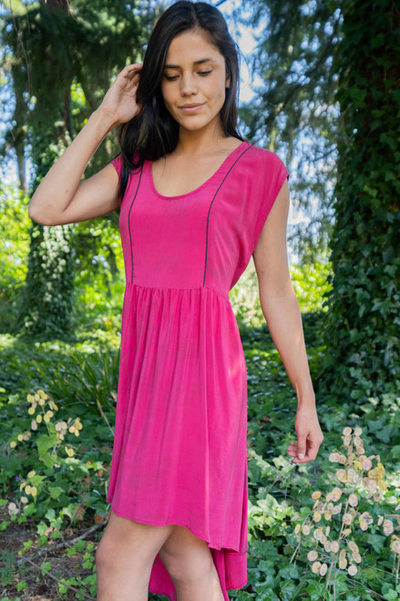 Indie Ella MOOREA Hi Lo Silk Dress Black Piping (Med/ Lg) in Vibrant Magenta  Indie Ella MOOREA Hi Lo Silk Dress Black Piping (Med/ Lg) in Vibrant Magenta