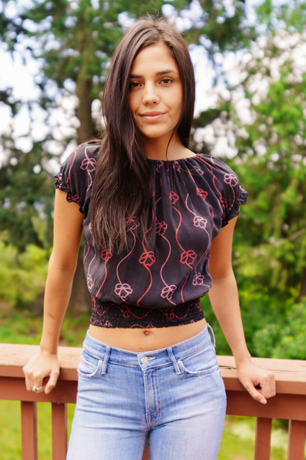 ROSIE Smocked Bohemian Silk Peasant Blouse S/M in Summer Heat