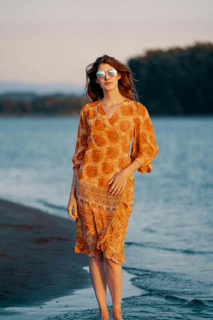 ANYA Butterfly Sleeve Sequin Silk Wrap Dress in Brilliant Tangerine Onesize