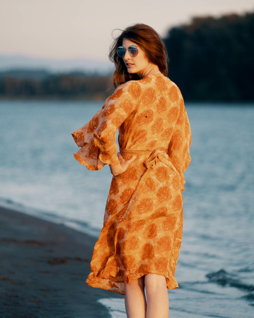 ANYA Butterfly Sleeve Sequin Silk Wrap Dress in Brilliant Tangerine Onesize