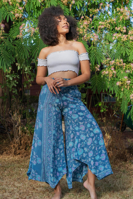 GINA Silk Bohemian Silk Flared Pants S/M in Flying in the Sky GINA Silk Bohemian Silk Flared Pants S/M in Flying in the Sky