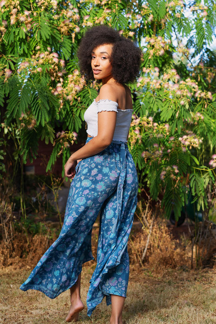GINA Silk Bohemian Silk Flared Pants S/M in Flying in the Sky GINA Silk Bohemian Silk Flared Pants S/M in Flying in the Sky