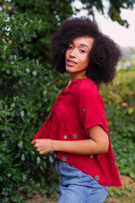 INDRA Boho Chic Printed Silk Crop Top in Ruby Jewel One Size