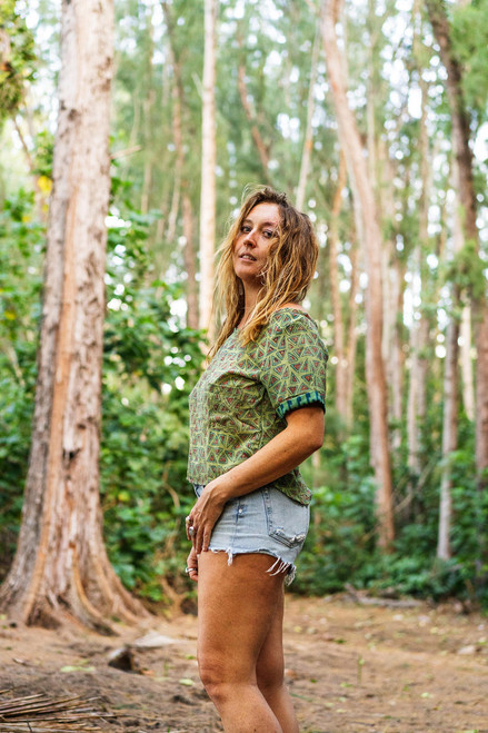 TILLY Cuff Sleeve Silk Blouse in Aqua Polygon Medium