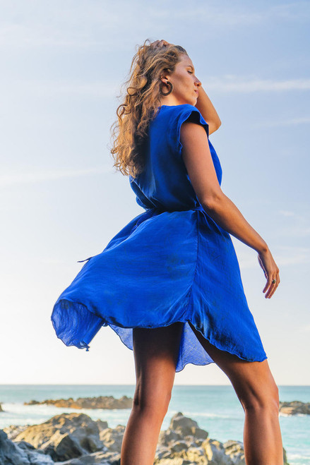 KAYLA Casual V-Neck Bohemian Printed Silk Dress in Cobalt Medium KAYLA Casual V-Neck Bohemian Printed Silk Dress in Cobalt Medium