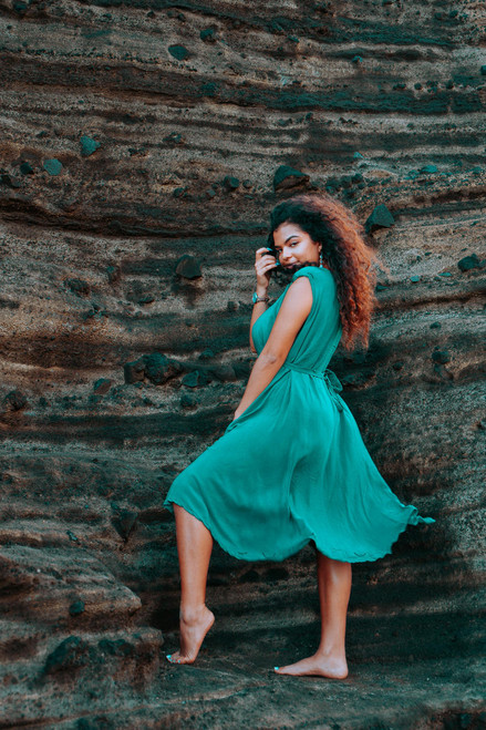 LUCY Sleveless A-line Flowy Silk Dress with Pockets in Persian Sea Med/ Lg LUCY Sleveless A-line Flowy Silk Dress with Pockets in Persian Sea Med/ Lg