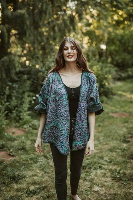 RONAN Kantha Hand Stitched Double Sided Silk Coat in Kaleidoscope Med/Large RONAN Kantha Hand Stitched Double Sided Silk Coat in Kaleidoscope Med/Large