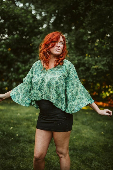 VERA Butterfly Sleeve Boho Silk Crop Top onesize in Canton Jade VERA Butterfly Sleeve Boho Silk Crop Top onesize in Canton Jade