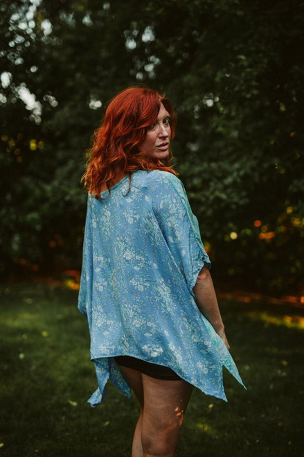 CAMILLE Oversized Flowy Silk Bohemian Chic Tunic Blouse in Blue Garden OS CAMILLE Oversized Flowy Silk Bohemian Chic Tunic Blouse in Blue Garden OS