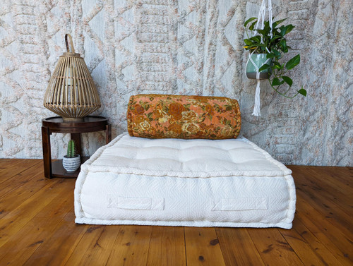 Baja BOLSTER Boho Chic Quilted Silk Back Cushion Cylinder Pillow in Peach Bloom Baja BOLSTER Boho Chic Quilted Silk Back Cushion Cylinder Pillow in Peach Bloom