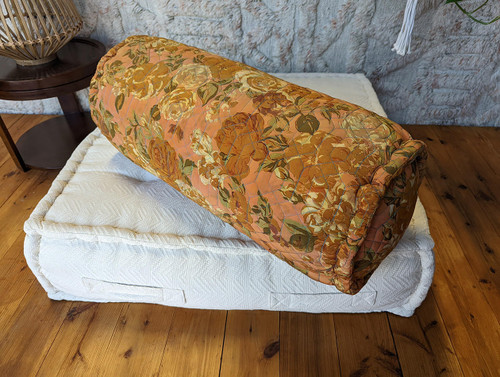 Baja BOLSTER Boho Chic Quilted Silk Back Cushion Cylinder Pillow in Peach Bloom Baja BOLSTER Boho Chic Quilted Silk Back Cushion Cylinder Pillow in Peach Bloom