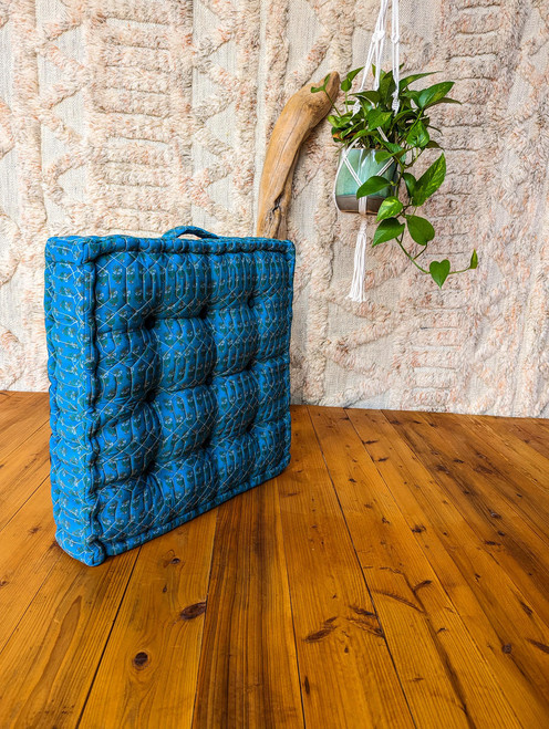 LARK Bohemian Quilted Silk French Mattress Cushion in Turquoise Blue