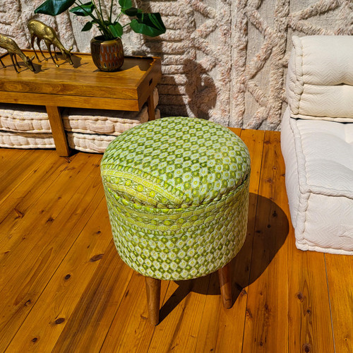 One of a Kind Quilted Upcycled Silk Bohemian Wood Box Stool in Hazel Wood One of a Kind Quilted Upcycled Silk Bohemian Wood Box Stool in Hazel Wood