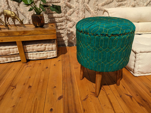 One of a Kind Quilted Upcycled Silk Bohemian Wood Box Stool in Hazel Wood in Deep Sea Deco One of a Kind Quilted Upcycled Silk Bohemian Wood Box Stool in Hazel Wood in Deep Sea Deco