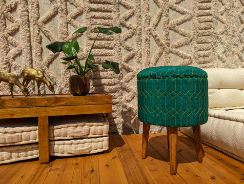 One of a Kind Quilted Upcycled Silk Bohemian Wood Box Stool in Hazel Wood in Deep Sea Deco One of a Kind Quilted Upcycled Silk Bohemian Wood Box Stool in Hazel Wood in Deep Sea Deco