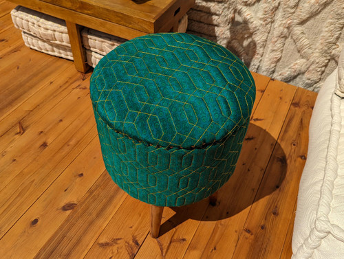 One of a Kind Quilted Upcycled Silk Bohemian Wood Box Stool in Hazel Wood in Deep Sea Deco One of a Kind Quilted Upcycled Silk Bohemian Wood Box Stool in Hazel Wood in Deep Sea Deco