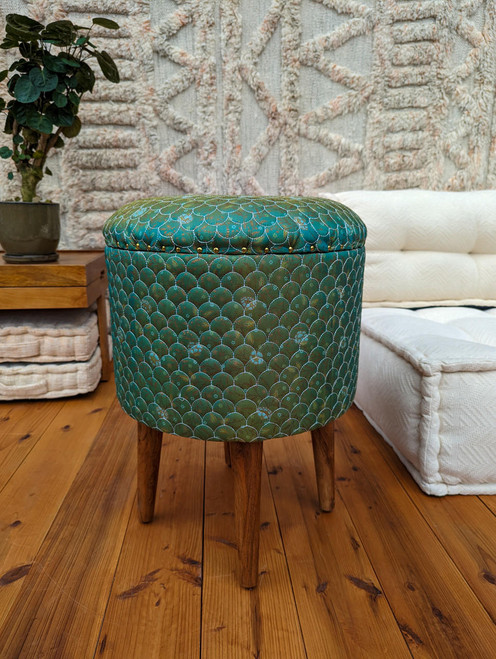 One of a Kind Quilted Upcycled Silk Bohemian Wood Box Stool in Hazel Wood in Iridescent Green One of a Kind Quilted Upcycled Silk Bohemian Wood Box Stool in Hazel Wood in Iridescent Green