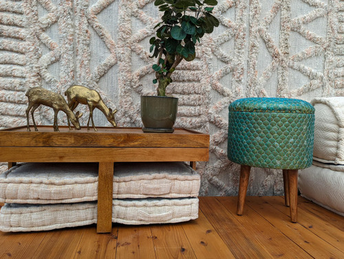 One of a Kind Quilted Upcycled Silk Bohemian Wood Box Stool in Hazel Wood in Iridescent Green One of a Kind Quilted Upcycled Silk Bohemian Wood Box Stool in Hazel Wood in Iridescent Green