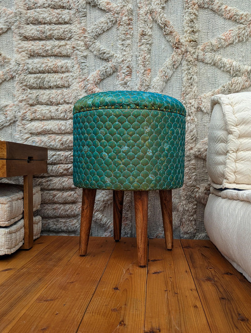 One of a Kind Quilted Upcycled Silk Bohemian Wood Box Stool in Hazel Wood in Iridescent Green One of a Kind Quilted Upcycled Silk Bohemian Wood Box Stool in Hazel Wood in Iridescent Green