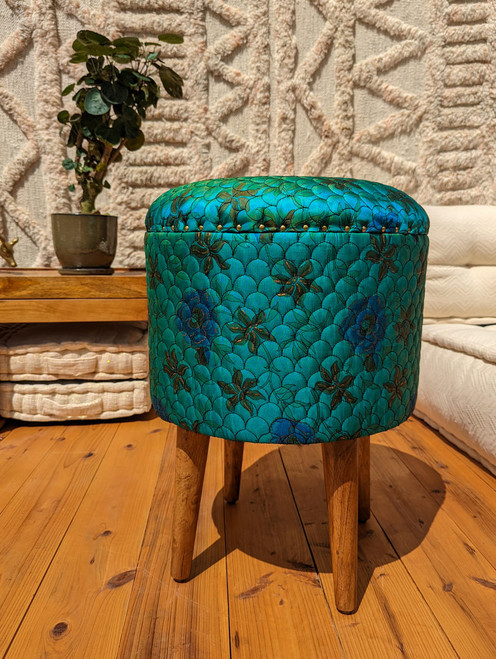 One of a Kind Quilted Upcycled Silk Bohemian Wood Box Stool in Hazel Wood in Floating Garden One of a Kind Quilted Upcycled Silk Bohemian Wood Box Stool in Hazel Wood in Floating Garden