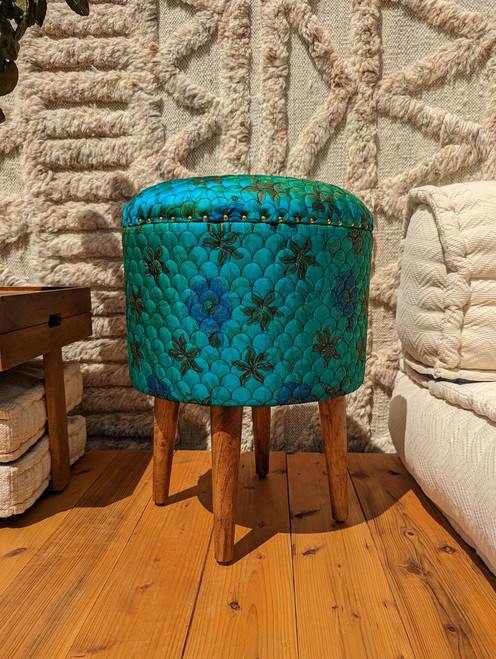 One of a Kind Quilted Upcycled Silk Bohemian Wood Box Stool in Hazel Wood in Floating Garden One of a Kind Quilted Upcycled Silk Bohemian Wood Box Stool in Hazel Wood in Floating Garden