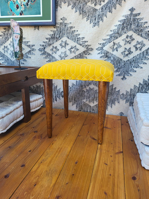 Ellan Bohemian Quilted Canvas Wooden Leg Square Stool in Mustard