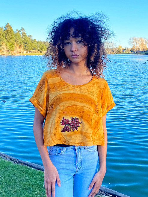 Indie Ella LEENA Side pocket  Silk Cropped Boho Blouse in Golden Haze 