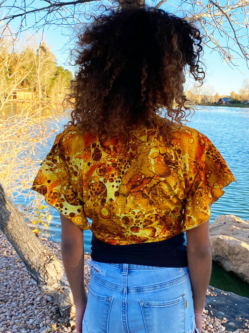 Indie Ella JAZZALYN Tied Flutter Sleeve Silk Wrap Top in Molten Amber  Indie Ella JAZZALYN Tied Flutter Sleeve Silk Wrap Top in Molten Amber