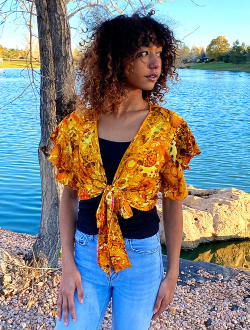Indie Ella JAZZALYN Tied Flutter Sleeve Silk Wrap Top in Molten Amber  Indie Ella JAZZALYN Tied Flutter Sleeve Silk Wrap Top in Molten Amber