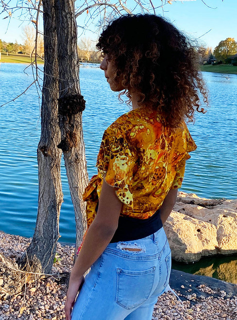 Indie Ella JAZZALYN Tied Flutter Sleeve Silk Wrap Top in Molten Amber  Indie Ella JAZZALYN Tied Flutter Sleeve Silk Wrap Top in Molten Amber