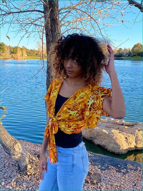 Indie Ella JAZZALYN Tied Flutter Sleeve Silk Wrap Top in Molten Amber  Indie Ella JAZZALYN Tied Flutter Sleeve Silk Wrap Top in Molten Amber