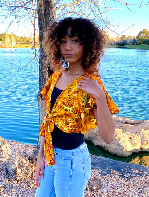 Indie Ella JAZZALYN Tied Flutter Sleeve Silk Wrap Top in Molten Amber  Indie Ella JAZZALYN Tied Flutter Sleeve Silk Wrap Top in Molten Amber