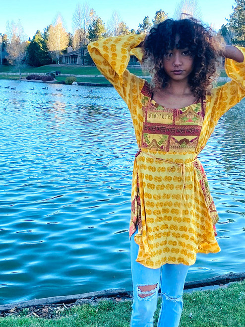 Indie Ella GWENDOLYN Tiered Bell Sleeve Silk Wrap Top in Golden Maya   Indie Ella GWENDOLYN Tiered Bell Sleeve Silk Wrap Top in Golden Maya