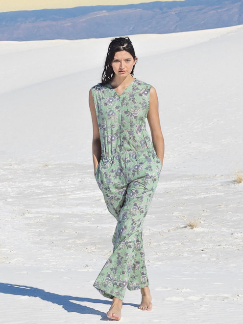 Indie Ella SAANVI Organic Cotton Traditional Wood Block Print Jumpsuit with Pockets in Mint Flower (Sm/Med)  Indie Ella SAANVI Organic Cotton Traditional Wood Block Print Jumpsuit with Pockets in Mint Flower (Sm/Med)