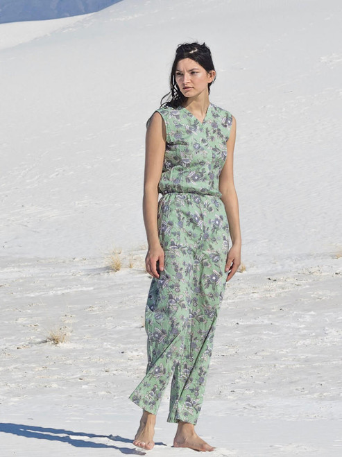 Indie Ella SAANVI Organic Cotton Traditional Wood Block Print Jumpsuit with Pockets in Mint Flower (Sm/Med)  Indie Ella SAANVI Organic Cotton Traditional Wood Block Print Jumpsuit with Pockets in Mint Flower (Sm/Med)
