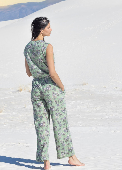Indie Ella SAANVI Organic Cotton Traditional Wood Block Print Jumpsuit with Pockets in Mint Flower (Sm/Med)  Indie Ella SAANVI Organic Cotton Traditional Wood Block Print Jumpsuit with Pockets in Mint Flower (Sm/Med)